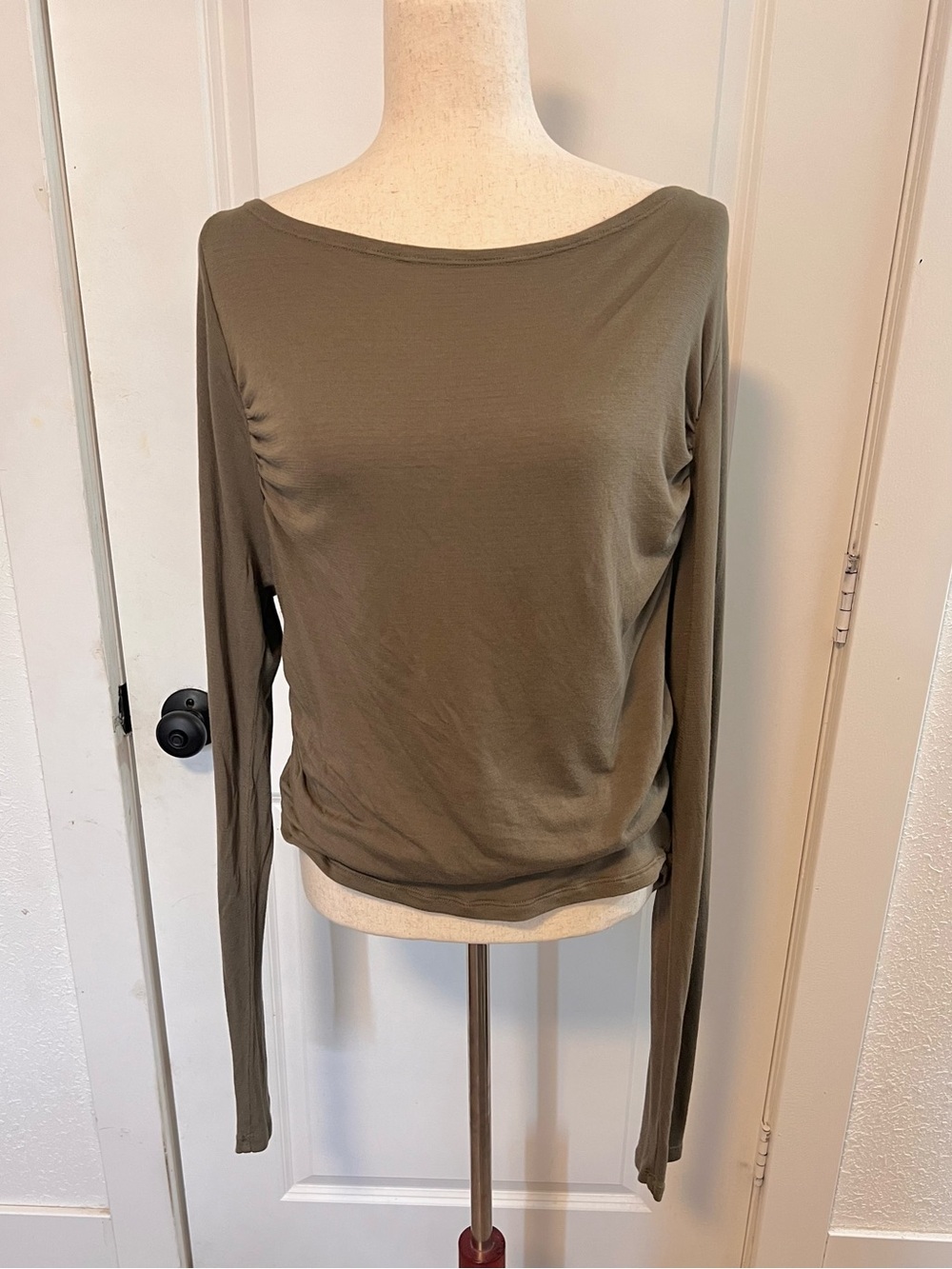 Free People Ruched‎ Off the Shoulder Olive Green Long Sleeve Tee Made in the USA